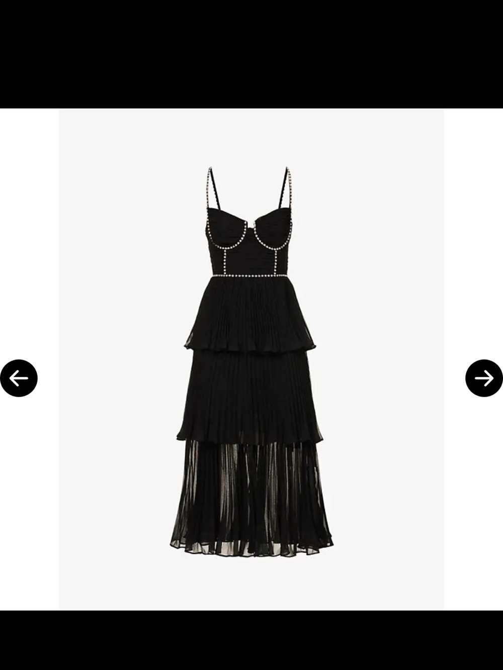 Self-Portrait Black Tiered Pleated Midi Dress with Beaded Trim Detailing